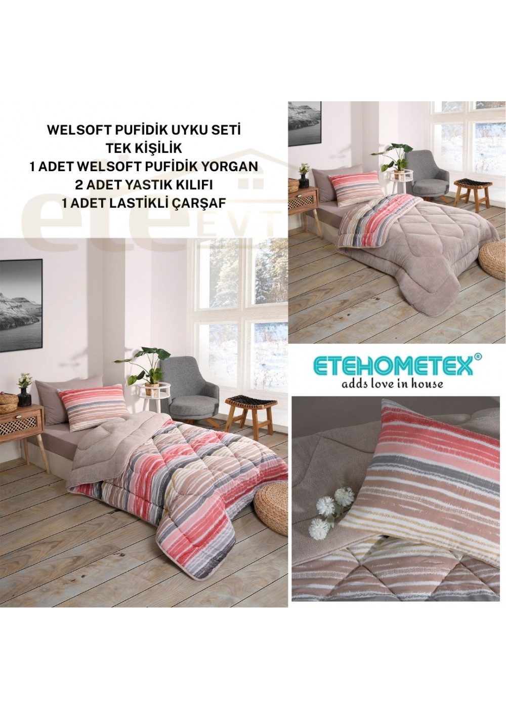 ETE HOMETEX TEK KİŞİLİK WELSOFT UYKU SETİ TASEL BEJ 8696474232021